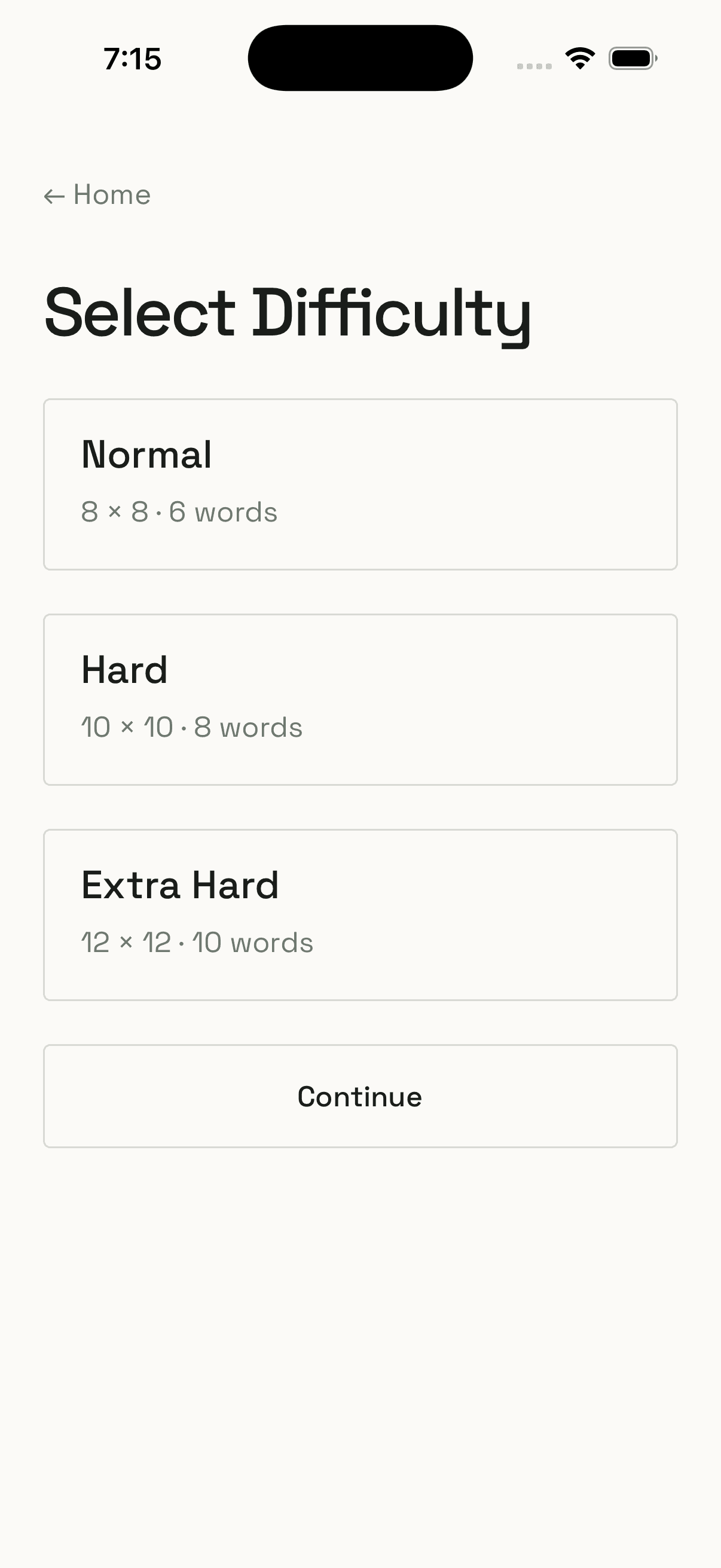 Select Difficulty screen listing Normal, Hard and Extra Hard with a Continue button.