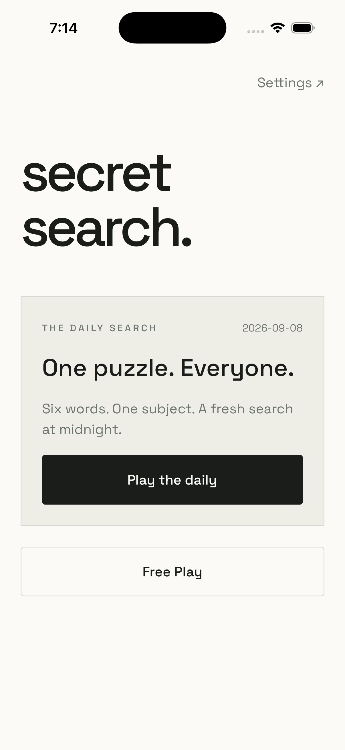 Secret Search home screen with the daily search card and a Free Play button.